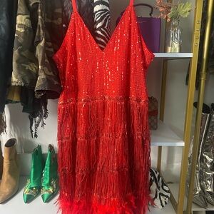 SHEIN Red Sequin Fringe Mini Dress